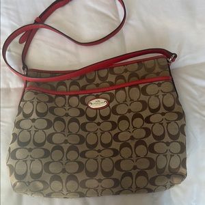 Coach Brown Signature Crossbody with Red Trim